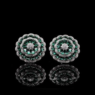 Omnia Floral Halo Earrings with Emerald Green Simulated Diamonds in 92.5 Silver