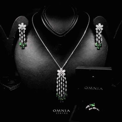 Omnia Alisha Luxury White & Green Necklace, Earrings & Ring Set in High Quality Zircon Stone Rhodium Plated