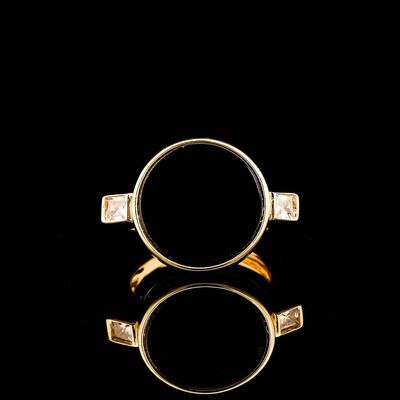 Omnia Fatima Ring In Black Agate Stone in High Quality Zircon Stone in Rhodium Plated