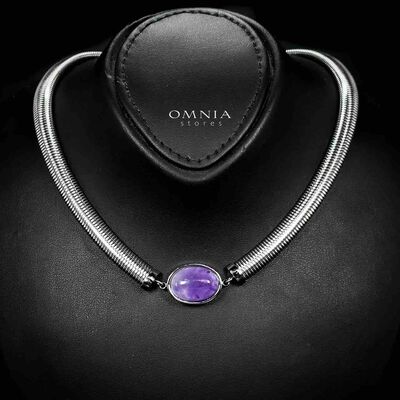 Omnia Naqiyah Silver Color Necklace,Bracelet and Earrings Set in High-Quality Stainless Steel with Purple Stone