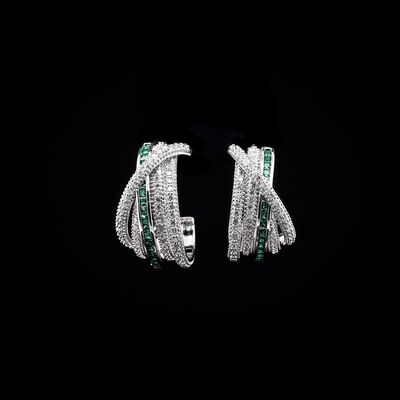 Omnia Emerald Radiance Double Tone Wrap Hoop Earrings in High Quality Rhodium Plated