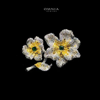 Omnia Sunlit Floral Brooch in 92.5 Silver with High Quality Simulated Diamonds and Green Accents