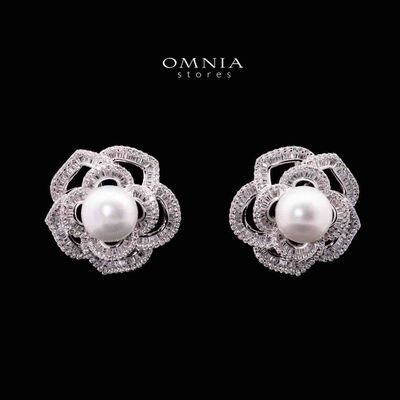 Omnia Almaz Flower Fresh Water Pearl Silver Earrings with 925 Silver High Quality Simulated Diamonds Stones