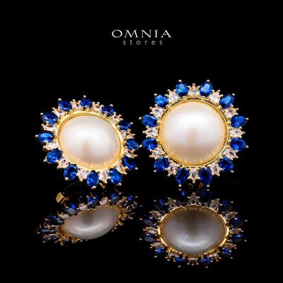 Omnia Celeste White Mabel Pearl Halo Stud Earrings with Blue Sapphire Accents in Brass with Gold Plated Finish