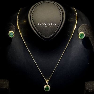 Omnia Natalia Gold and Green Set in 92.5 Silver with High-Quality Ice Cut Stones