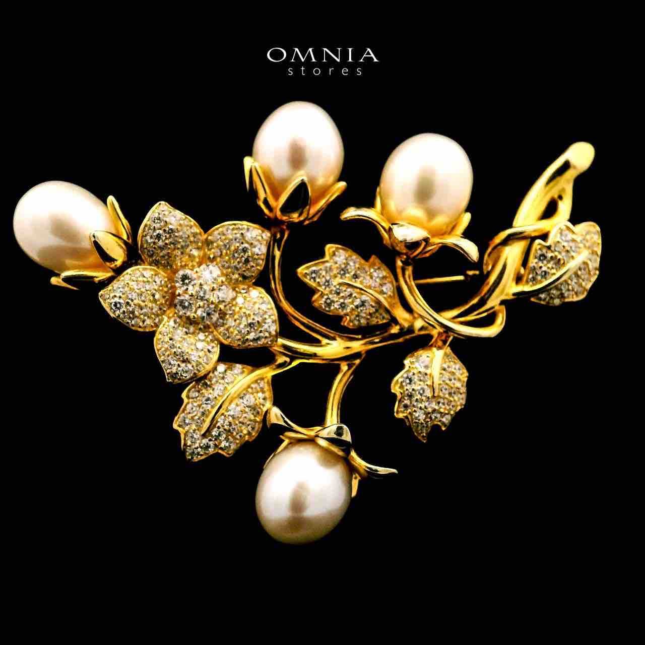 Omnia Parya Flower Golden Brooch in 925 Silver with High Quality Simulated Diamonds image number null