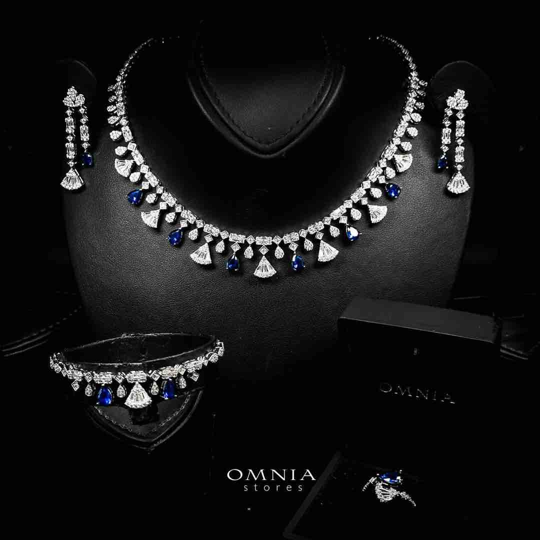 Omnia Marwa Blue Bridal Full Set in High Quality Zircon Stone Rhodium Plated image number null