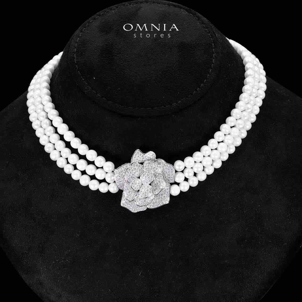 Omnia Nazira Silver Pearl Necklace and Flower Earrings in 925 Silver Accessories High Quality Simulated Diamonds image number null