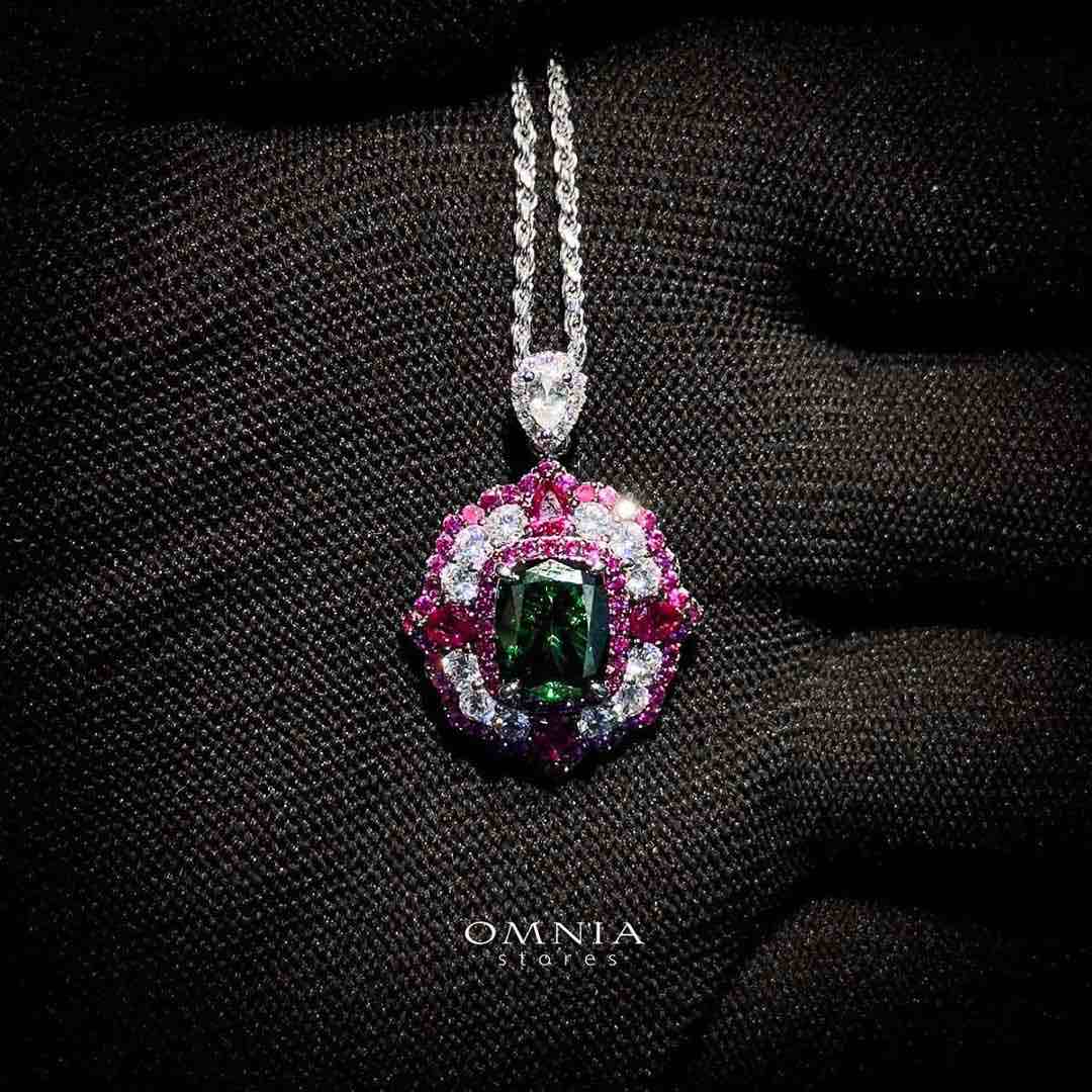 Omnia Maliya Green and Pink Necklace in 92.5 Silver with High Quality Simulated Diamonds image number null