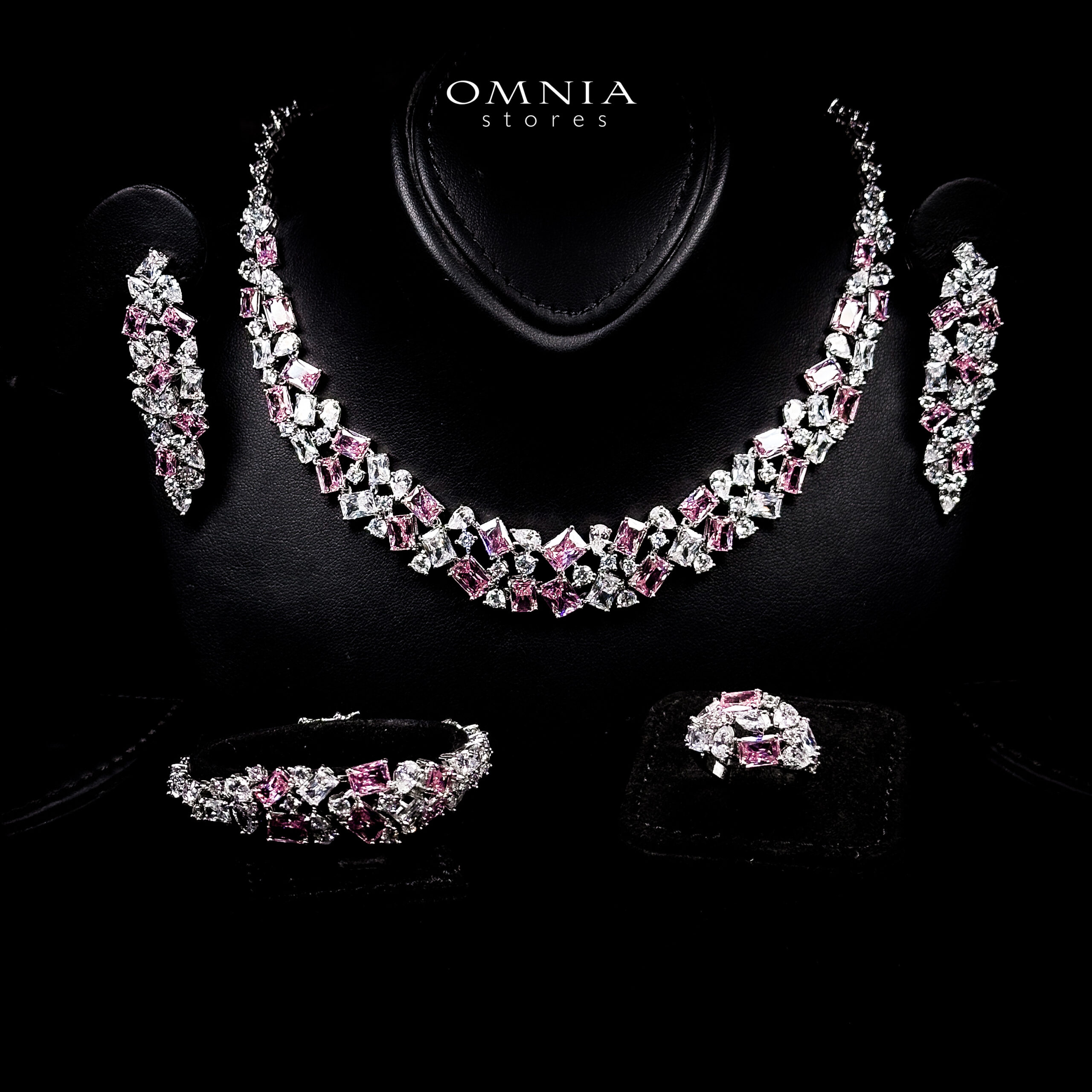 Omnia Anastasia Pink Luxury Bridal Full Set in High Quality Zircon Stone in Rhodium Plated image number null