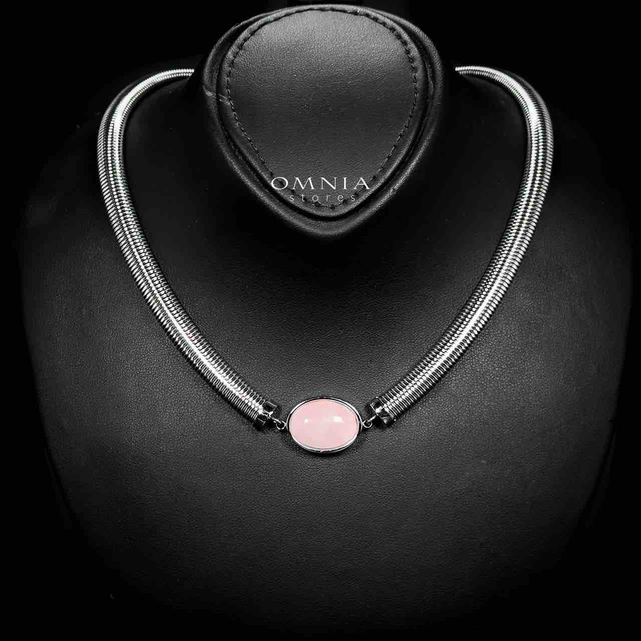 Omnia Naqiyah Silver Color Necklace,Bracelet and Earrings Set in High-Quality 8mm Stainless Steel with Pink Stone image number null
