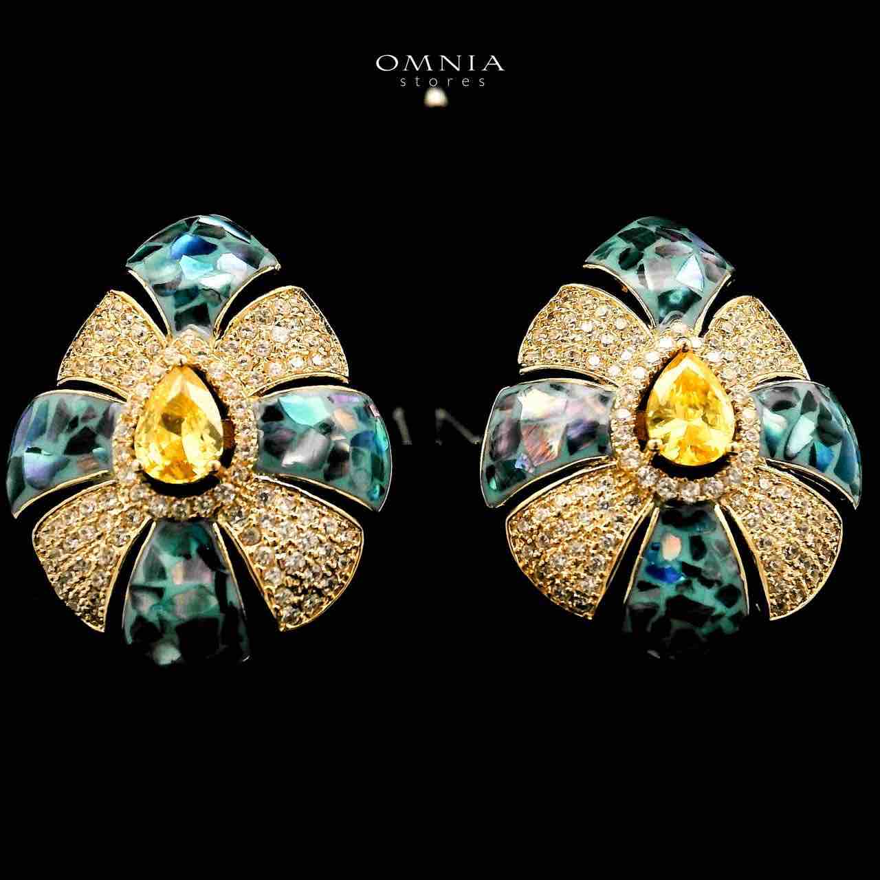 Omnia Ghaliya Golden Stud Eariings With Rhodium Plated In High Quality Zircon Stone image number null