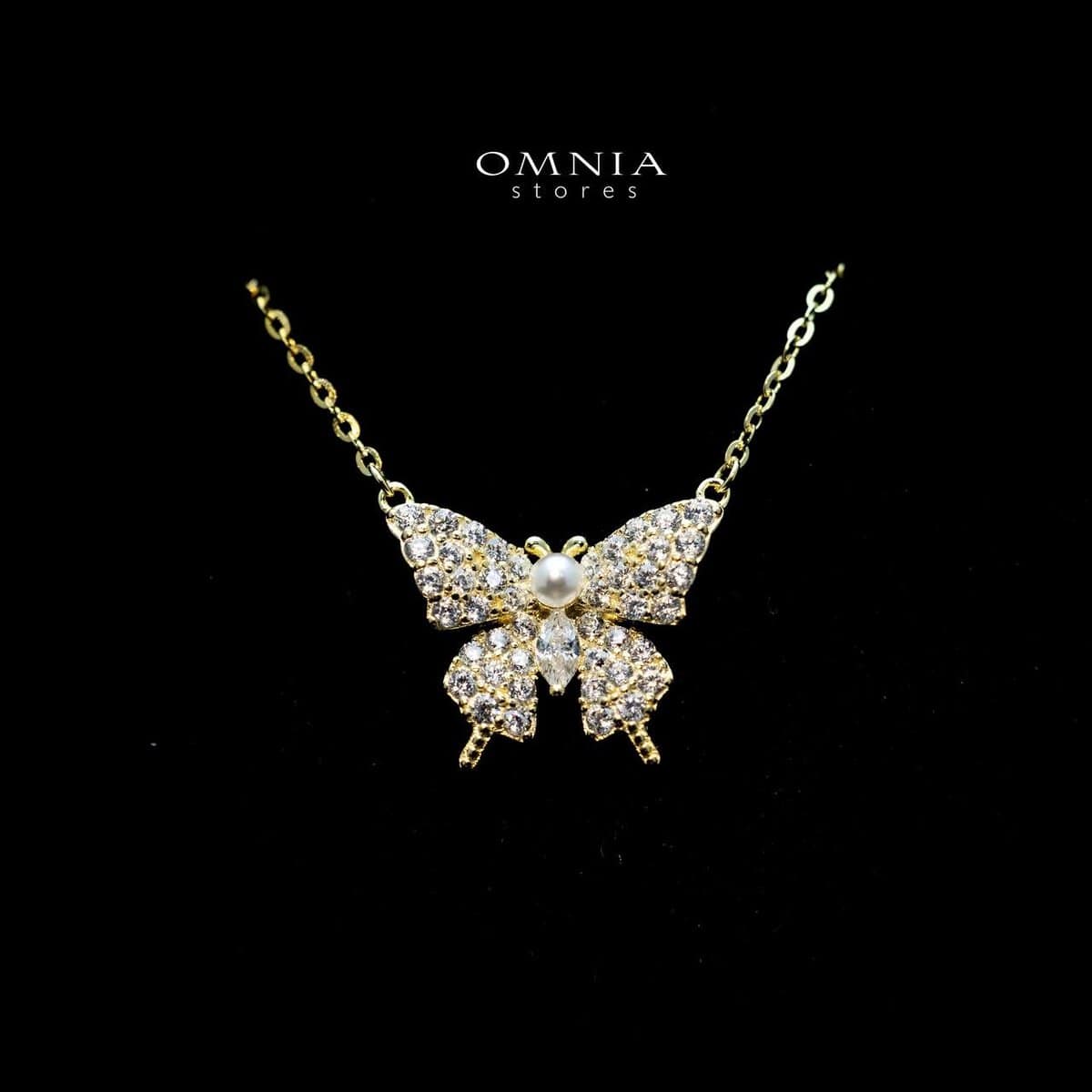 Omnia Sara Butterfly Necklace with High Quality Iced Cut Stone and Pearl in 92.5 Silver image number null