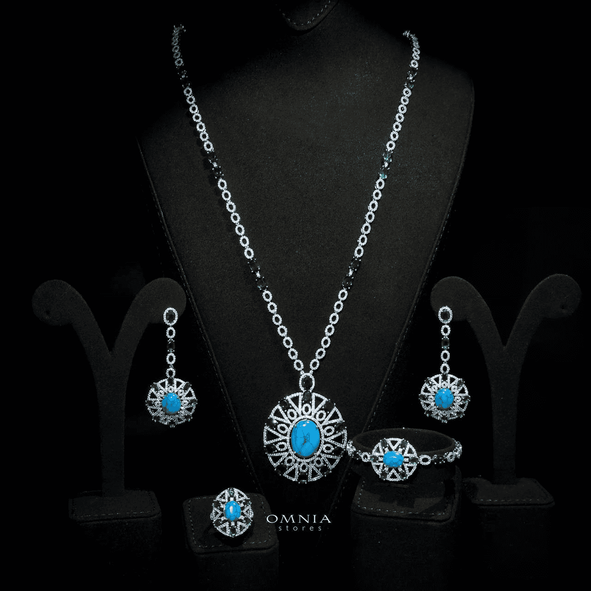 Omnia Ayala Blue &amp; Green Bridal Long Chain Full Set Accessories High Quality Zircon Stone In Rhodium Plated image number null