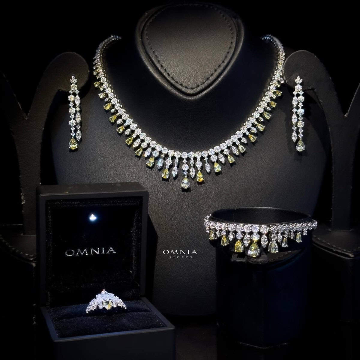 Omnia Syla Yellow Luxury Bridal Full Set in High Quality Zircon Stone Rhodium Plated image number null