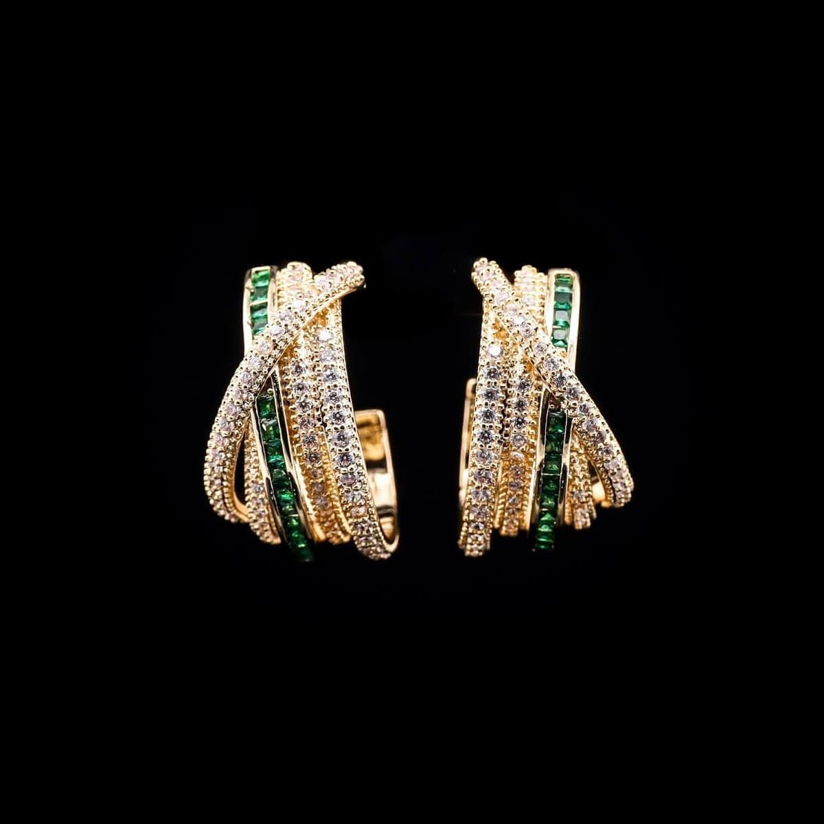 Omnia Emerald Glow Double Tone Wrap Hoop Earrings in High Quality Rhodium Plated image number null