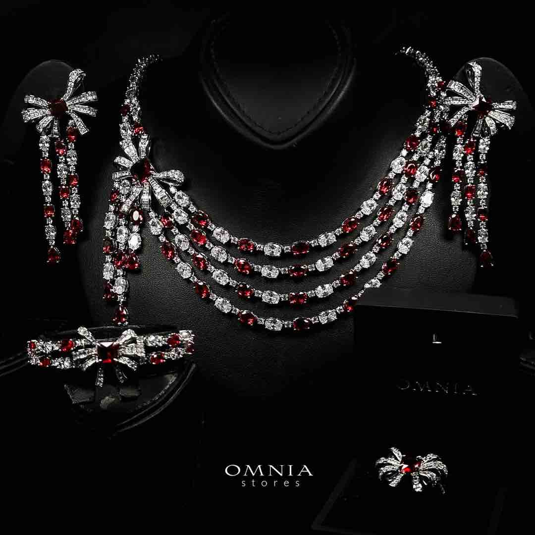 Omnia Mawada Red Bridal Full Set with Elegant Bow-Accent Design and High-Quality Zircon Stones in Rhodium Plated Finish image number null