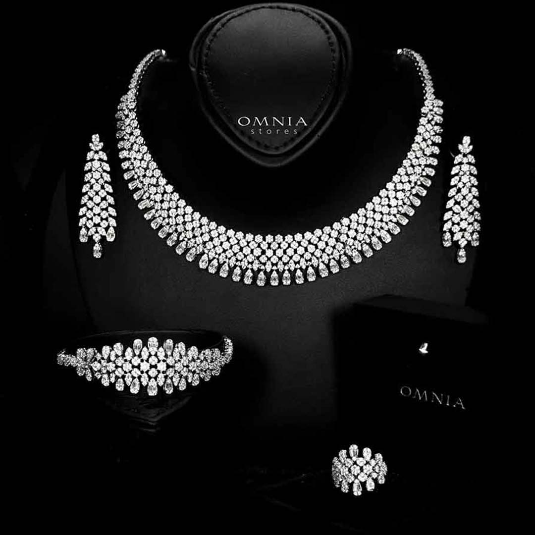 Omnia Taybah White Luxury Bridal Set In Rhodium Plated with High Quality Zircon Stones image number null