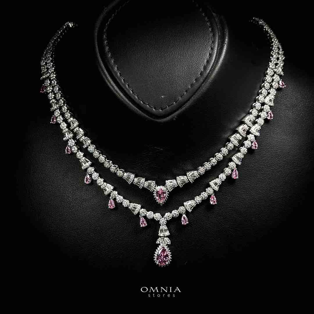 Omnia Ghada Pink Bridal Full Set with Rhodium Plated in High Quality Zircon Stone Rhodium Plated image number null
