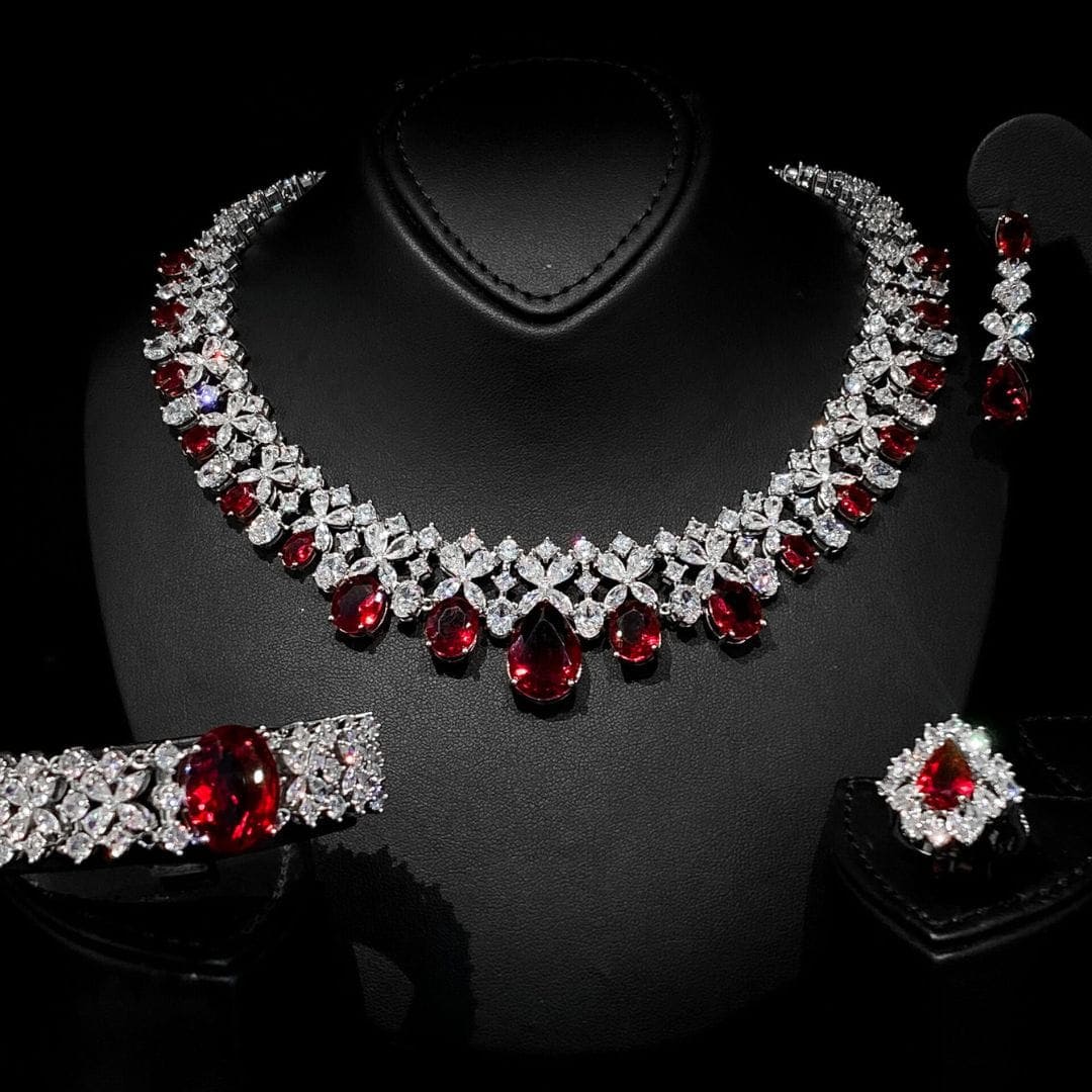 Omnia Suhana Red Bridal Full Set in High Quality Simulated Diamonds image number null