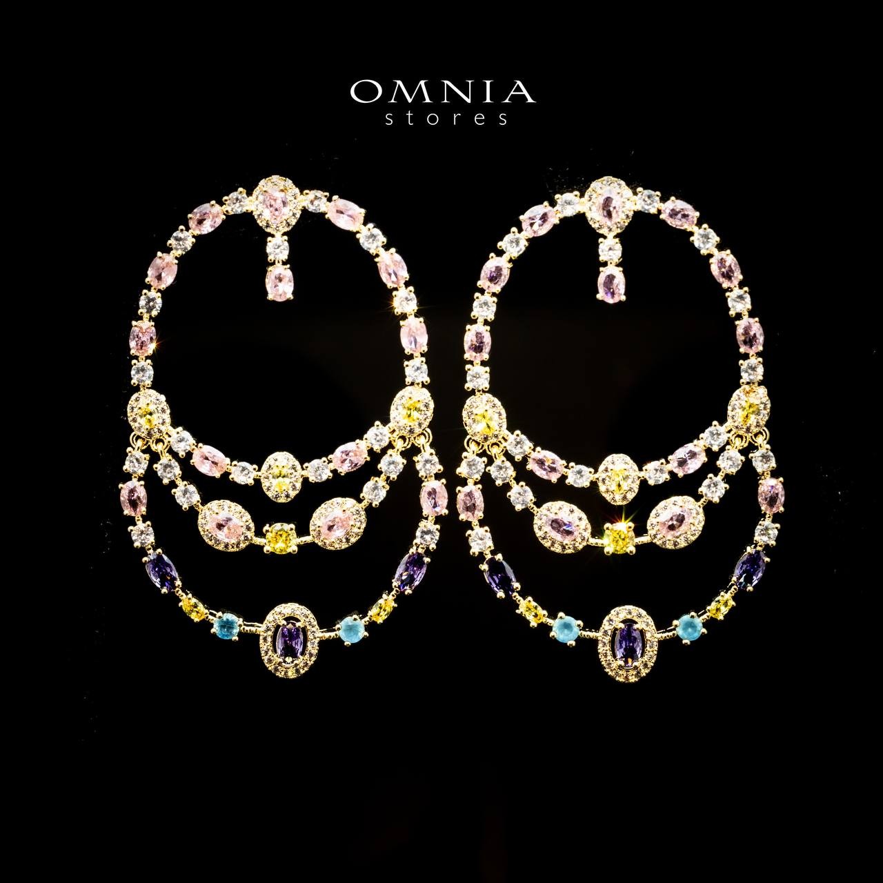Omnia Laila Layered Earrings with Multicolor Zircon in High Quality Rhodium Plated image number null
