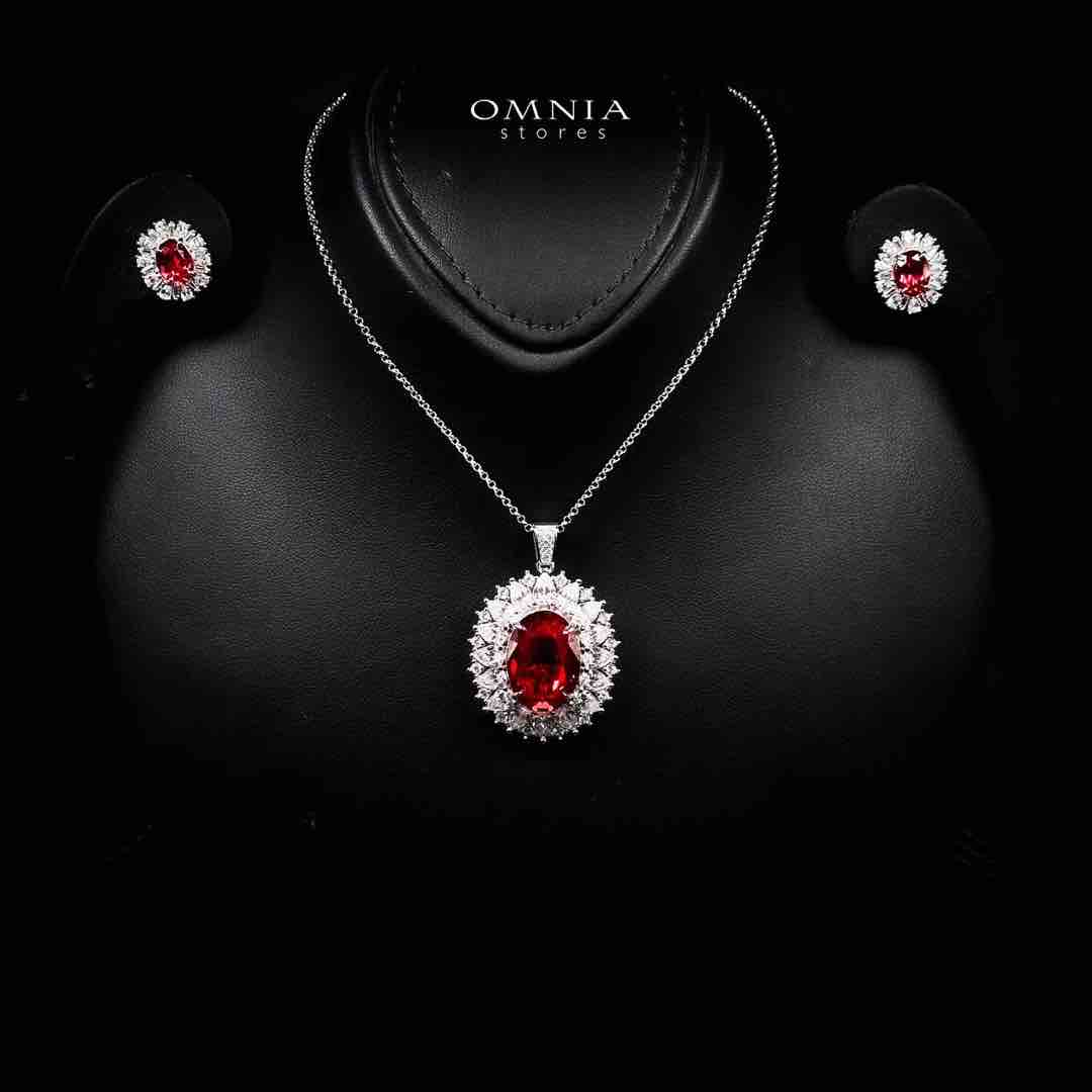 Omnia Alima Silver Necklace and Earrings Set in 925 Silver With High Quality GRC Certified Ruby Red Lab Grown Stones image number null