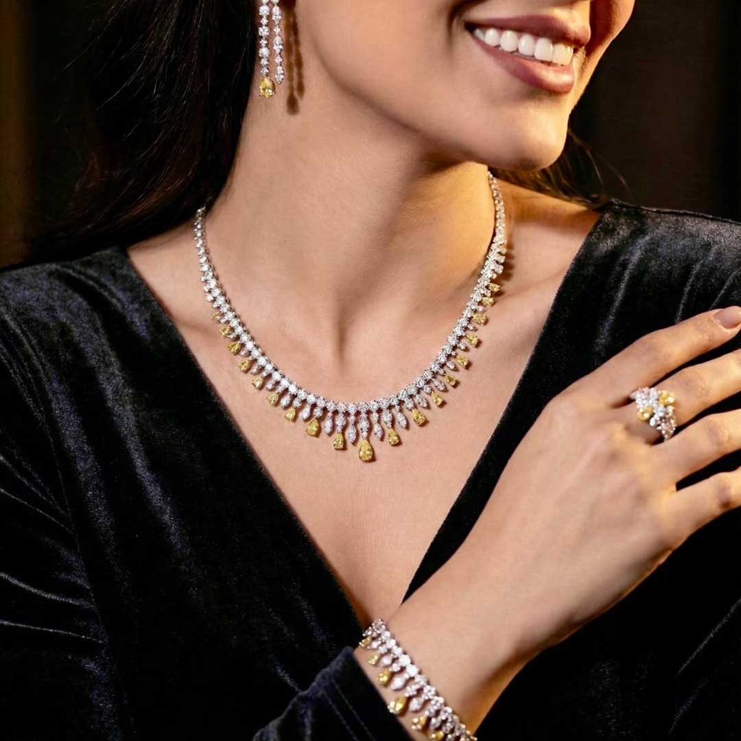 Omnia Syla Yellow Luxury Bridal Full Set in High Quality Zircon Stone Rhodium Plated image number null