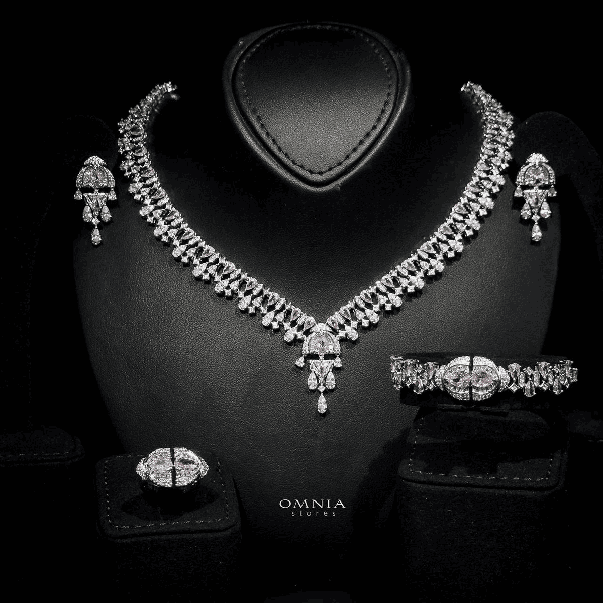 Omnia Rafi Pink Bridal Full Set with Elegant Pink and White Simulated Diamonds in High-Quality Rhodium Plated Finish (only available in KSA) image number null