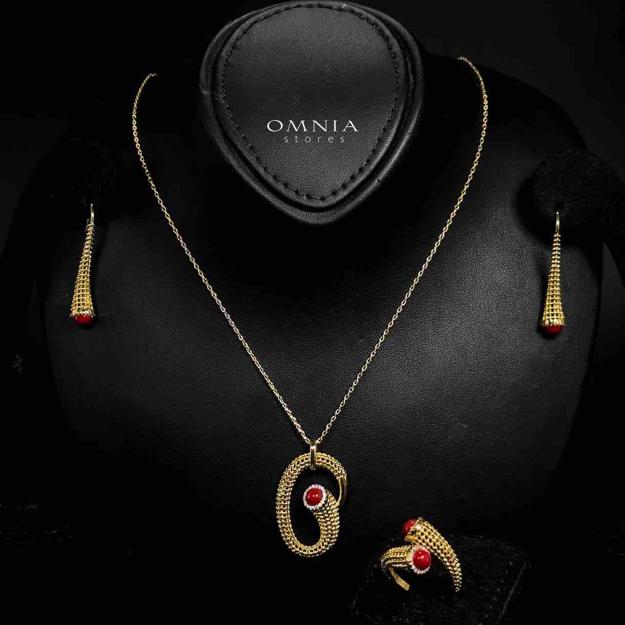 Omnia Lamisah Golden Red Necklace, Earring and Rings With Rhodium Plated In High Quality Zircon Stone image number null