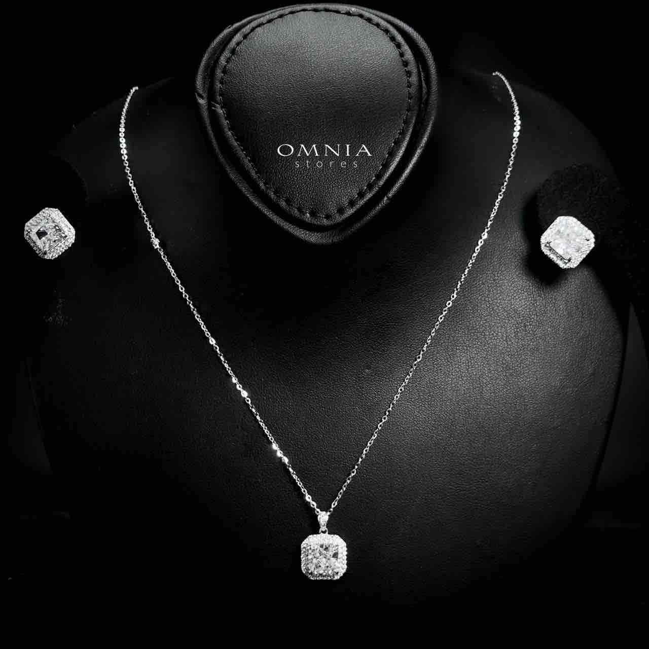 Omnia Hiyam Silver Square Necklace and Earrings Set in 925 Silver with High-Quality White Ice Cut Stones image number null