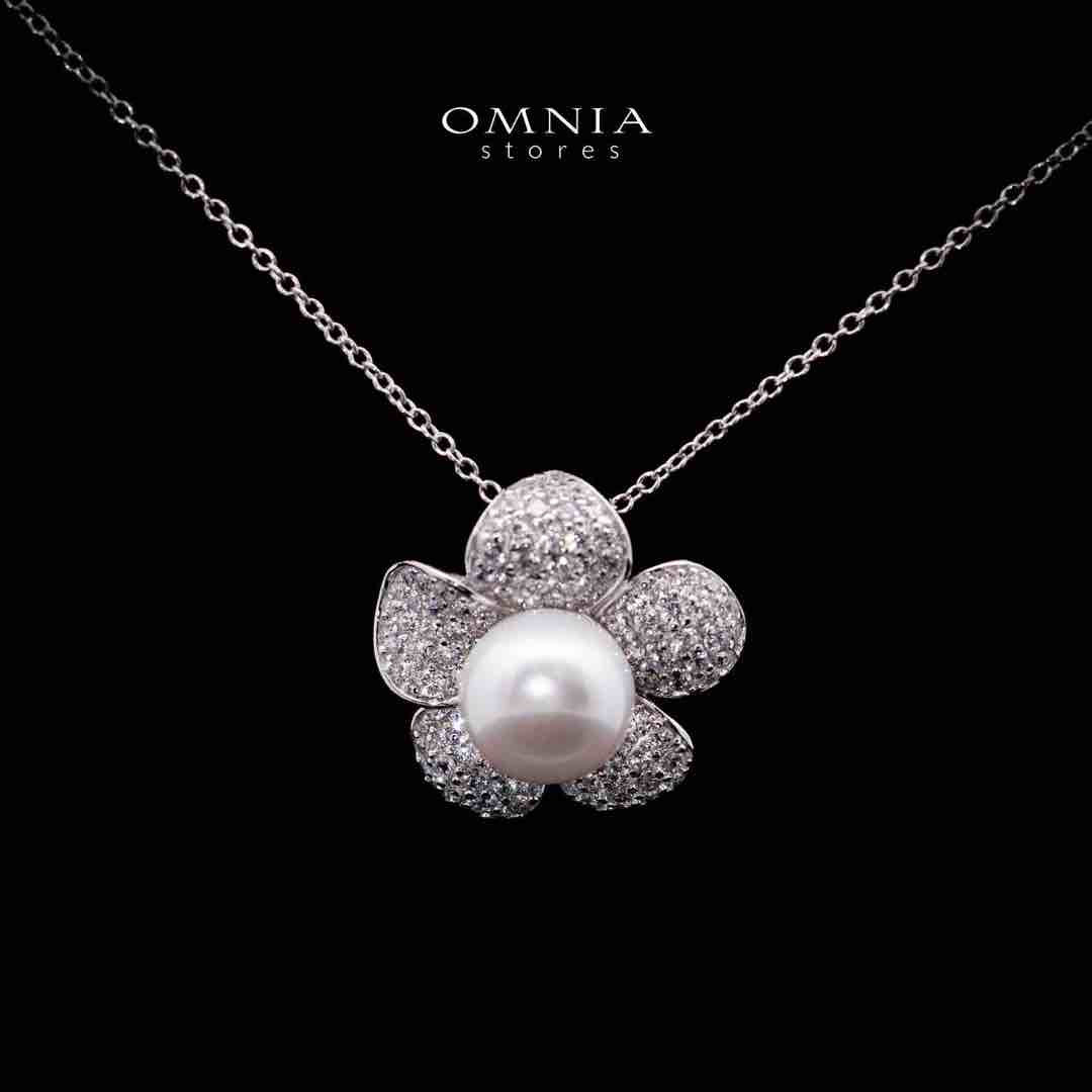 Omnia Najaah Floral Fresh Water Pearl Pendant Necklace in 925 Silver In High Quality Simulated Diamonds image number null
