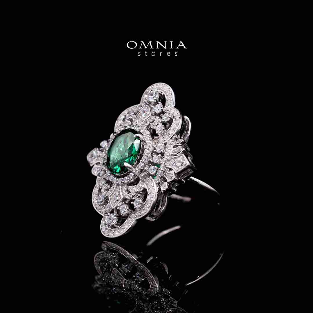 Omnia Bayan Green Silver Ring in 925 Silver with High Quality White Simulated Diamonds image number null