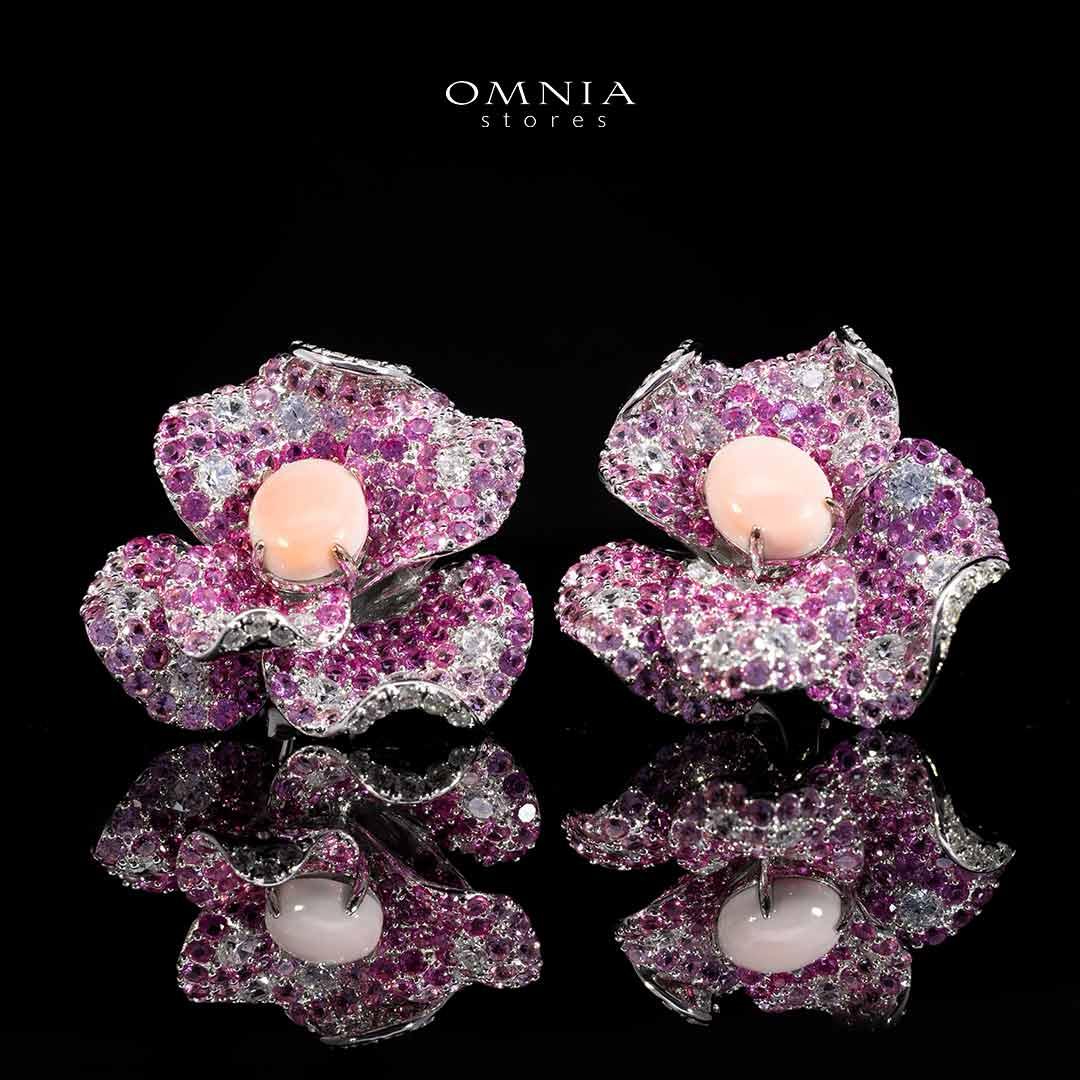 Omina Maiza Pink Coral Flower Earrings in 925 Silver with High Quality Pueple Simulated Diamond Stones image number null