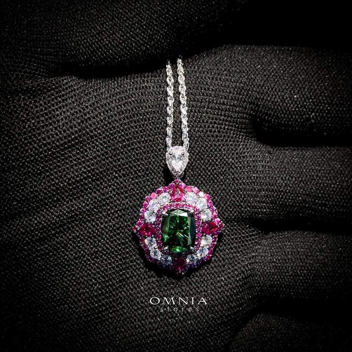 Omnia Maliya Green and Pink Necklace in 92.5 Silver with High Quality Simulated Diamonds image number null