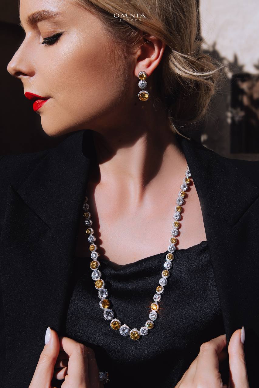 Omnia Sovana Long Chain Set in 92.5 Pure Silver Set High Quality Zircon Stone in Rhodium Plated image number null