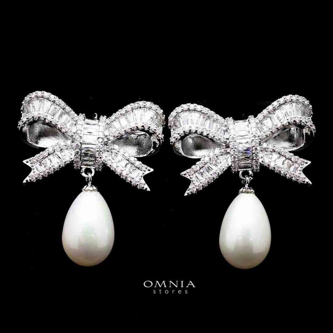 Omnia Imaan Ribbon Earrings in High Quality Zircon Stone Rhodium Plated image number null