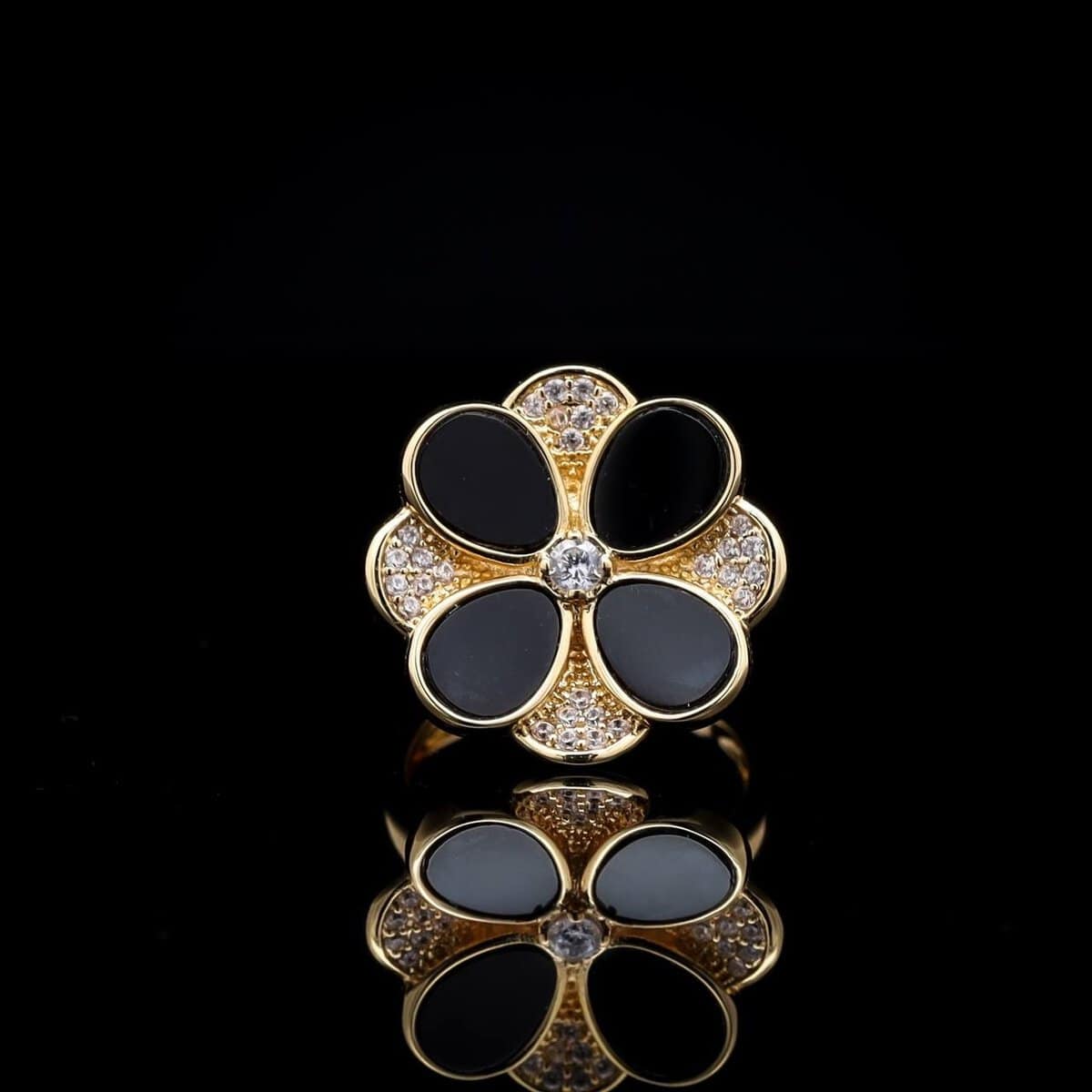 Omnia Hina Ring in Black Agate Stone in High Quality Zircon Stone in Rhodium Plated image number null