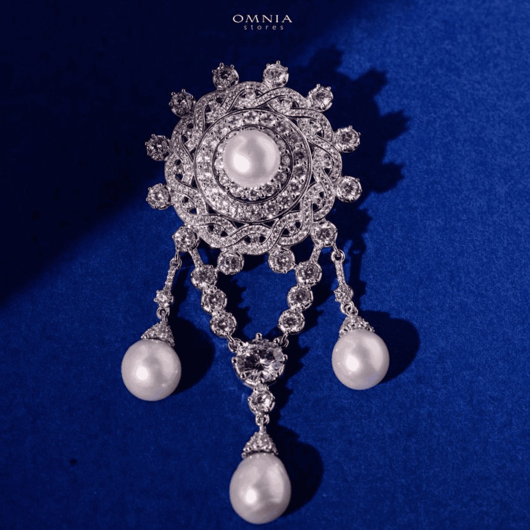 Omnia Willow Fresh Real Water Pearl brooch in 92.5 Silver In High Quality Simulated diamonds image number null