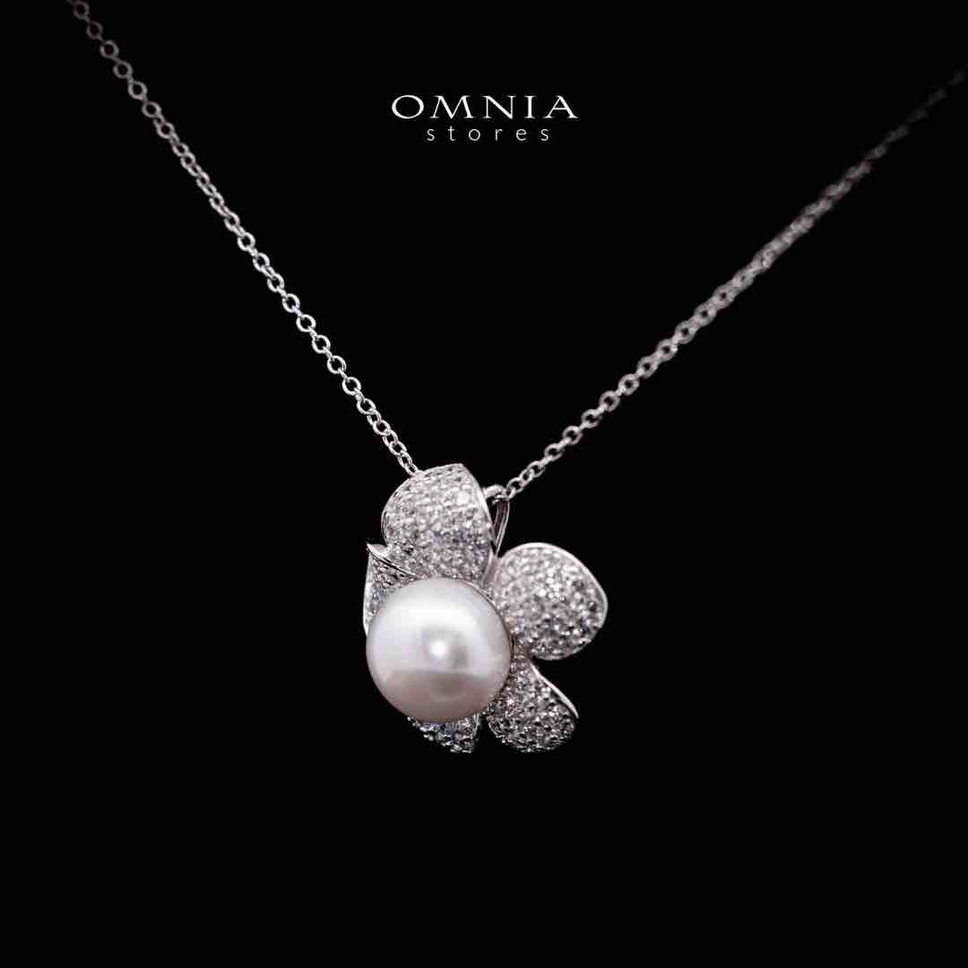 Omnia Najaah Floral Fresh Water Pearl Pendant Necklace in 925 Silver In High Quality Simulated Diamonds image number null