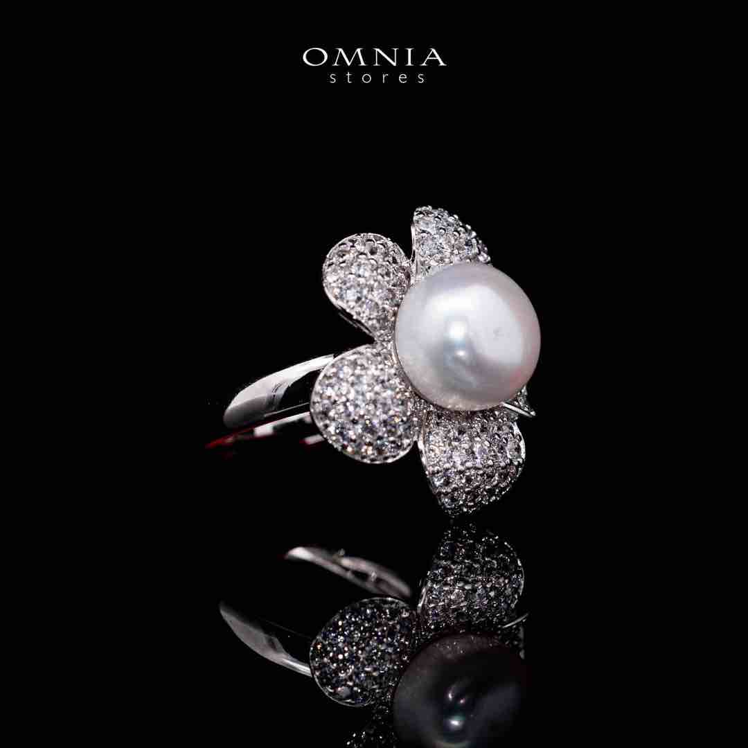 Omnia Najaah Floral Fresh Water Pearl Ring in 925 Silver In High Quality Simulated Diamonds image number null