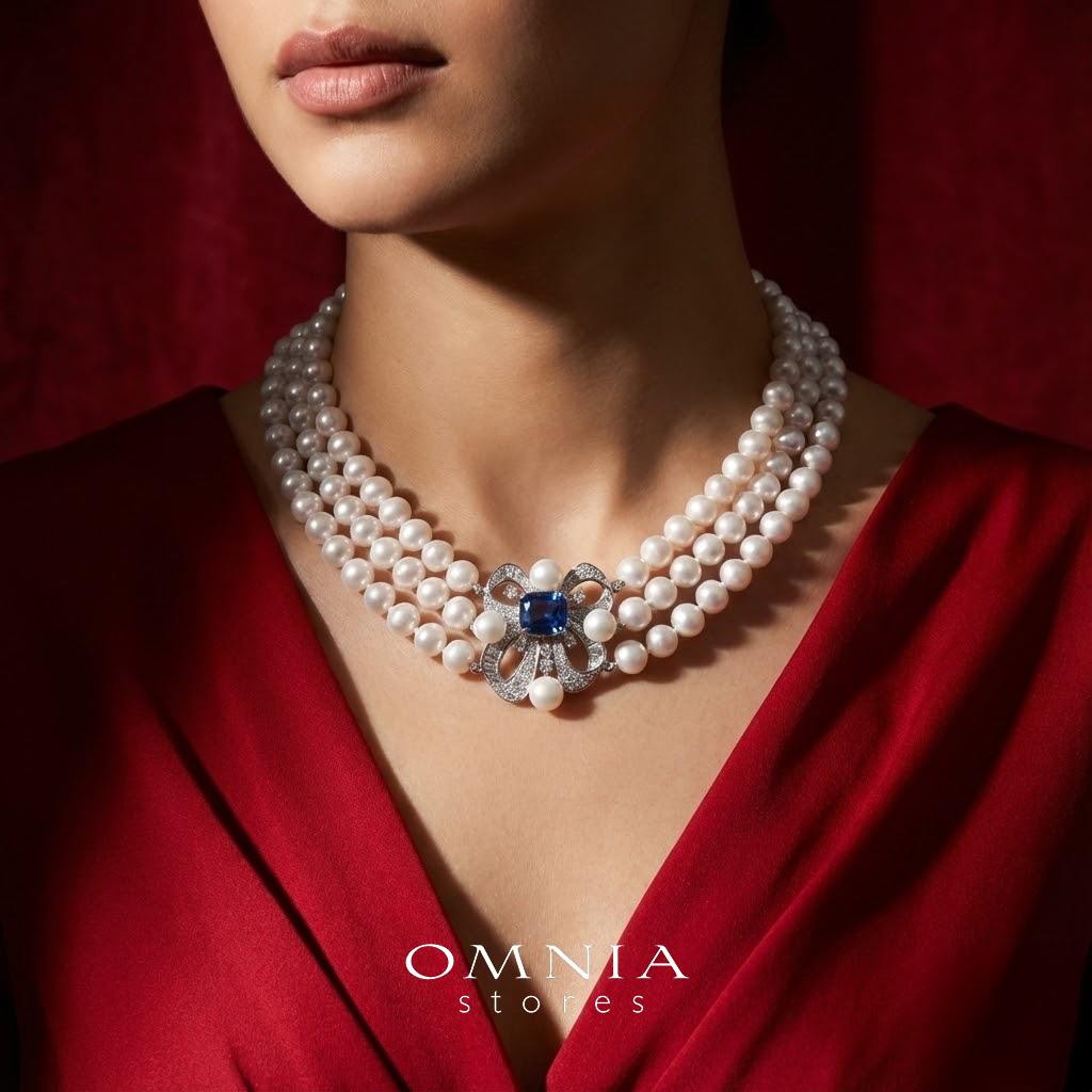 Mahboobeh Blue Pearl Necklace in 925 Silver with High Quality Simulated Diamonds image number null