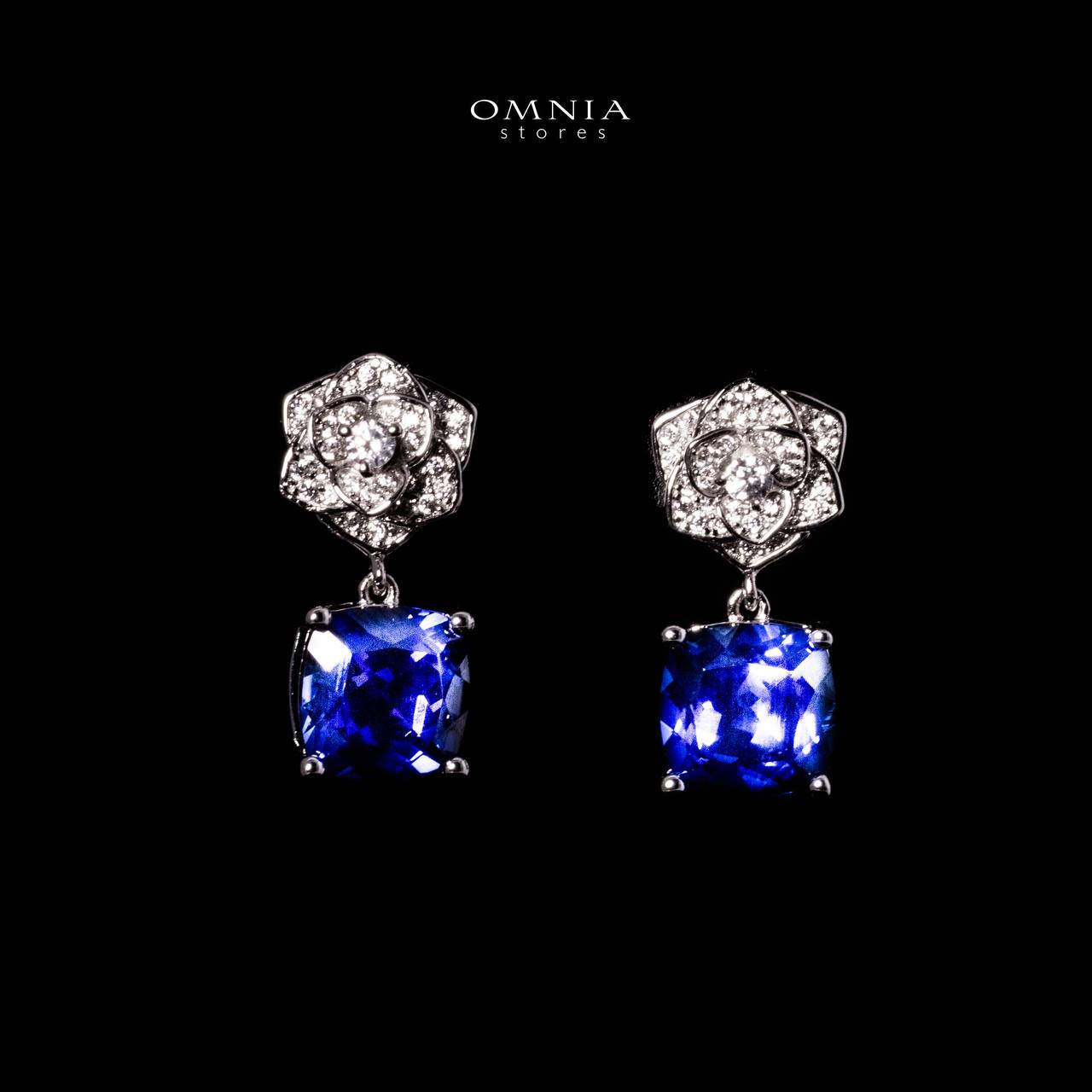 Omnia Khansa Silver Rose Design Drop Earrings in 925 Silver With High Quality GRC Certified Blue Sapphite Lab Grown Stones image number null