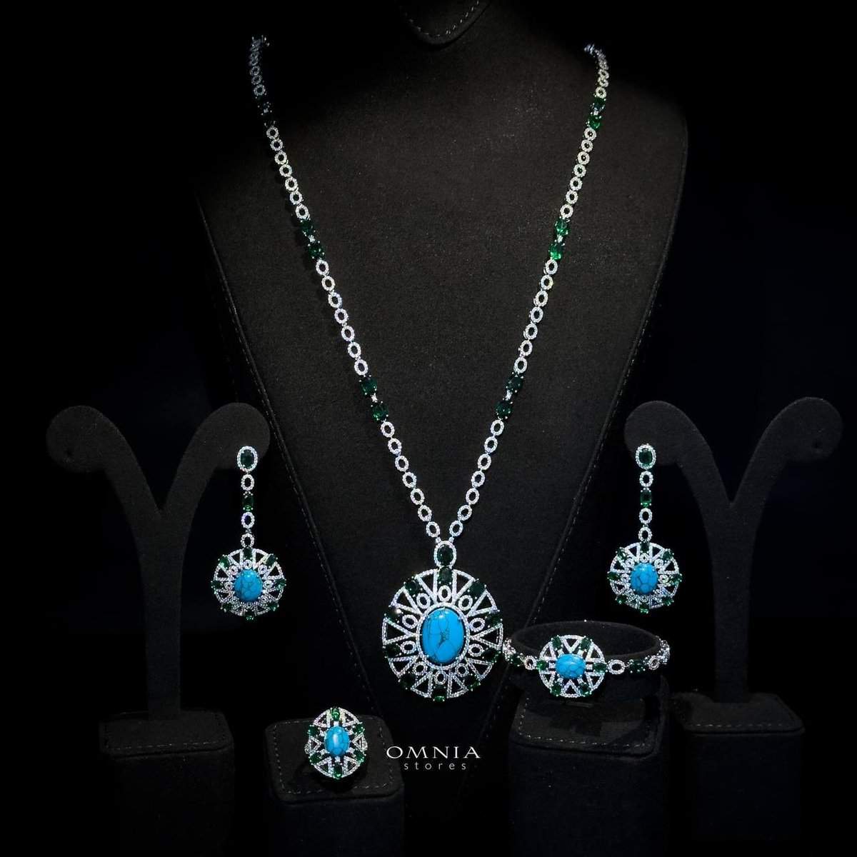 Omnia Ayala Blue &amp; Green Bridal Long Chain Full Set Accessories High Quality Zircon Stone In Rhodium Plated image number null