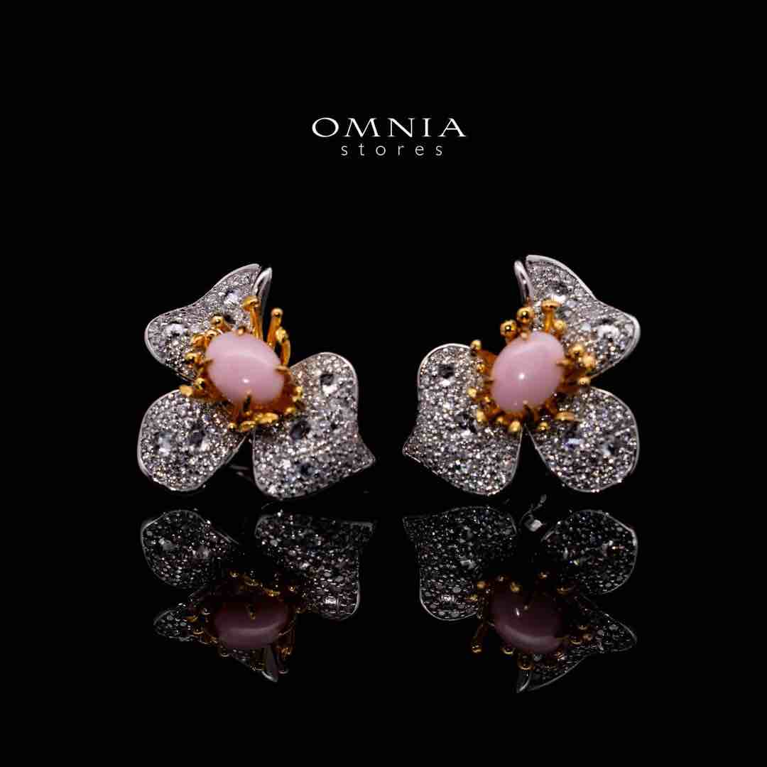 Omnia Ahram Pink Coral Flower Silver Drop Earrings in 925 Silver High Quality White Simulated Diamond Stones image number null