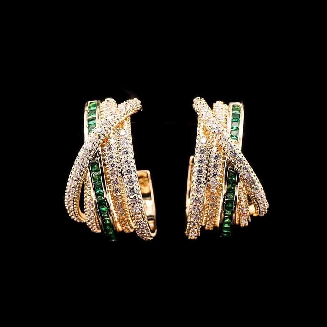Omnia Emerald Glow Double Tone Wrap Hoop Earrings in High Quality Rhodium Plated image number null