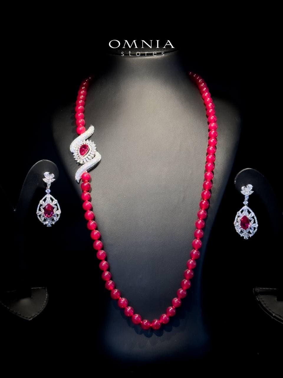 Omnia Irim Red Long Chain Set in High Quality Real Beads 92.5 Pure Silver Rhodium Plated image number null
