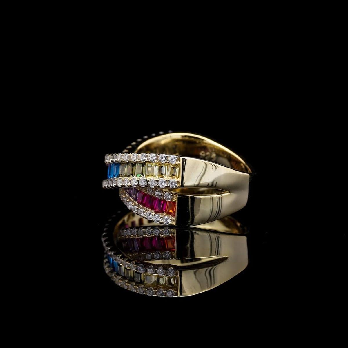 Omnia Dana Multi-Colored Criss-Cross Ring in Pure Gold with High-Quality Simulated Diamonds image number null
