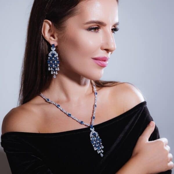 Omnia Israa Blue Chandelier Earrings In 92.5 Silver High Quality Simulated diamonds image number null