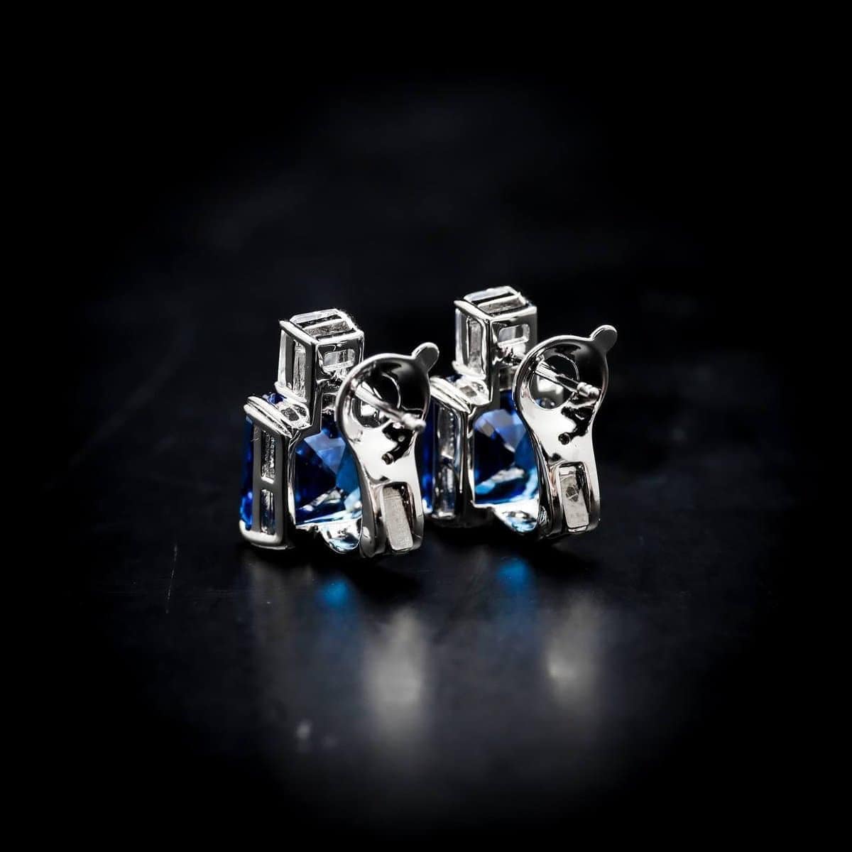 Omnia Candice Blue Emerald Cut Clip-On Earrings in 92.5 Silver with High Quality Simulated Diamonds image number null