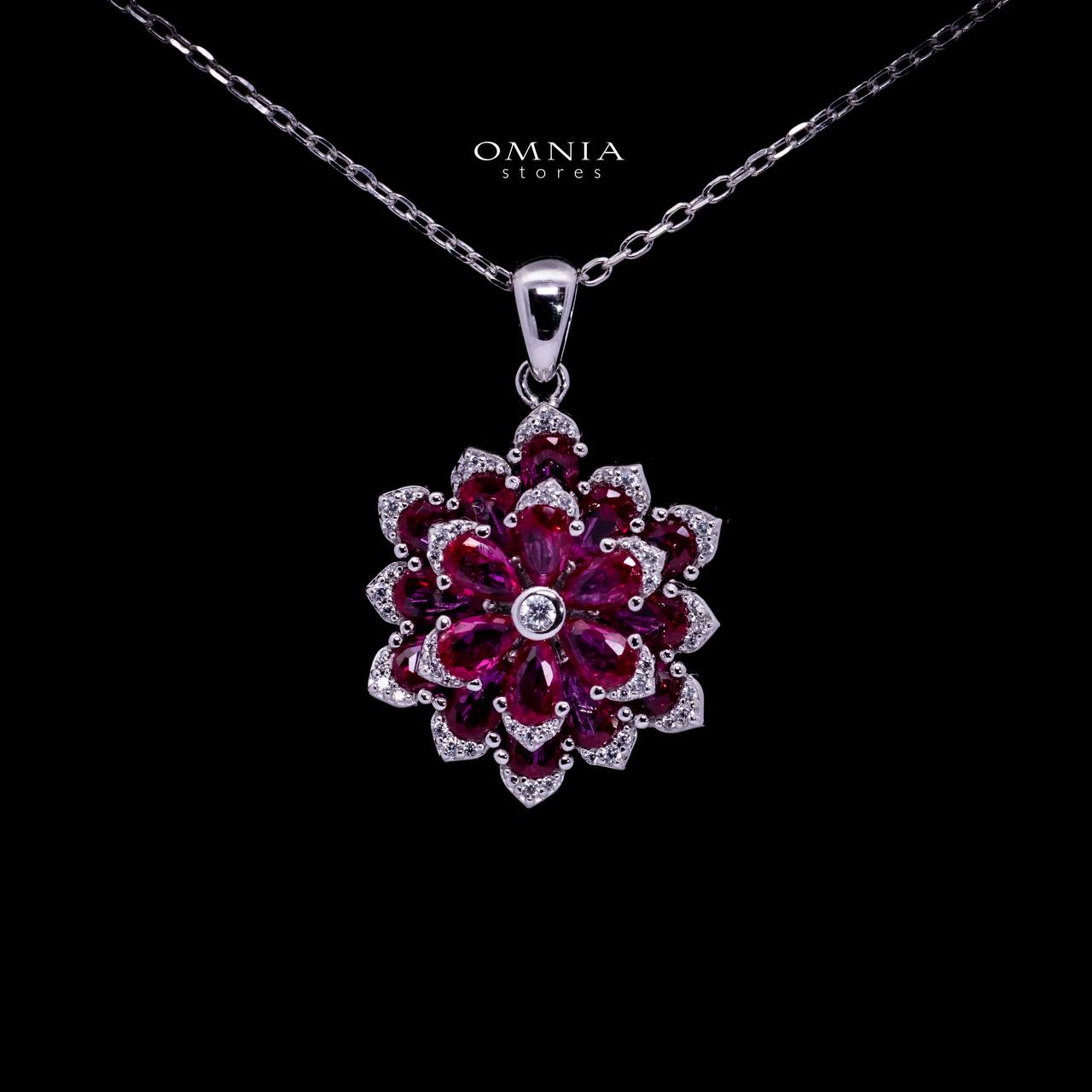 Omnia Damiyah Red Floral Silver Pendant Necklace in 925 Silver with High Quality Simulated Diamonds image number null